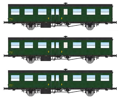 REE Modeles VB-240 - French SNCF Coach Set  of three Southwest Car, long gutters, 1 Door, 16m, (2xB6t N°41792 and 41807 